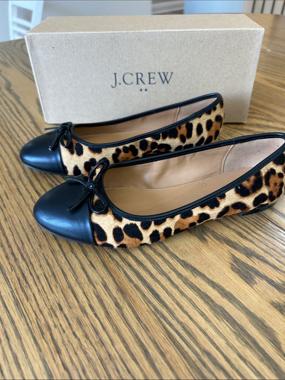J. Crew Leopard-Print Flats with Black Cap Toe and Bow, size 6.5